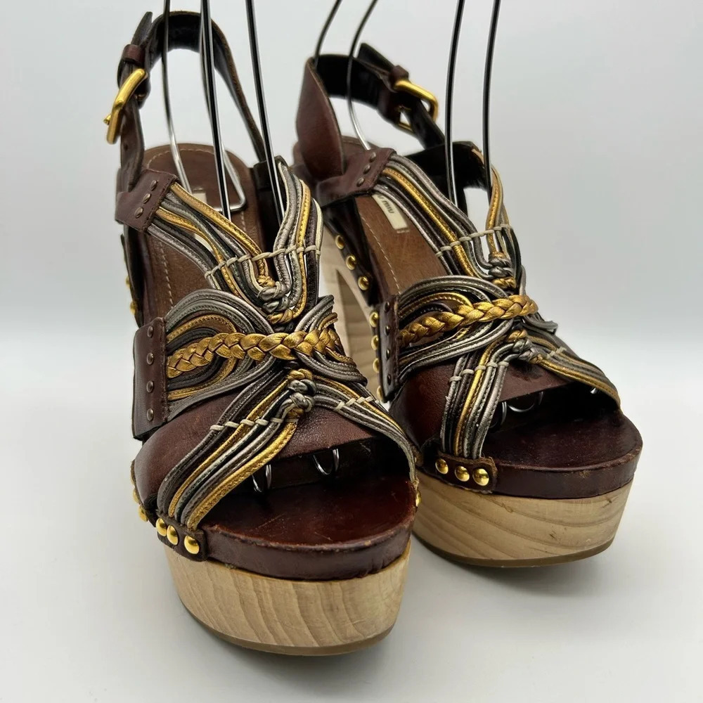 Miu Miu 36 Heel Sling Clog Wedge Platform Stud Brown Leather Wood Y2k boho tall - Picture 3 of 15
